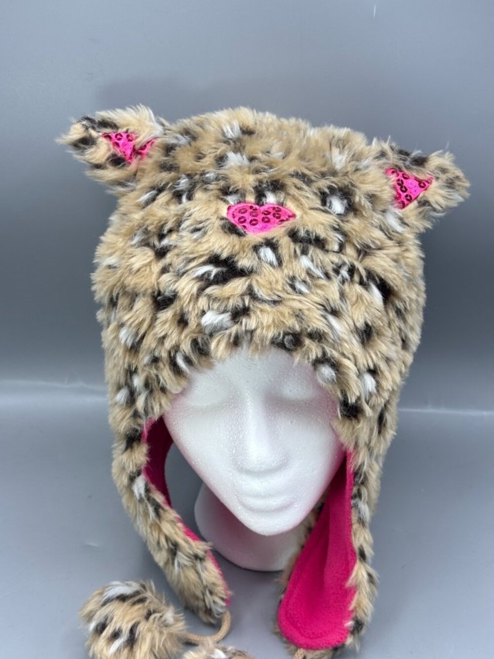 Toby Beanie Ear Hat Unisex 7-14 Tan Pink Animal Fleece Lined Sequin Outdoor